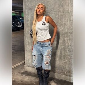 Fashion Nova Light Blue Distressed Wide Leg Jeans